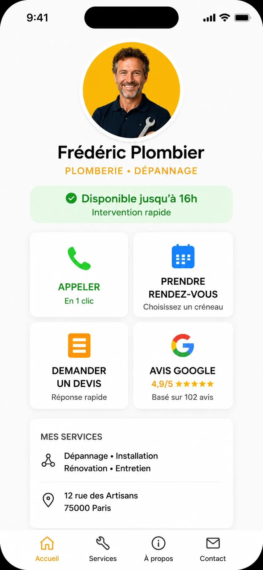 Écran disponibilité et actions Frédéric Plombier